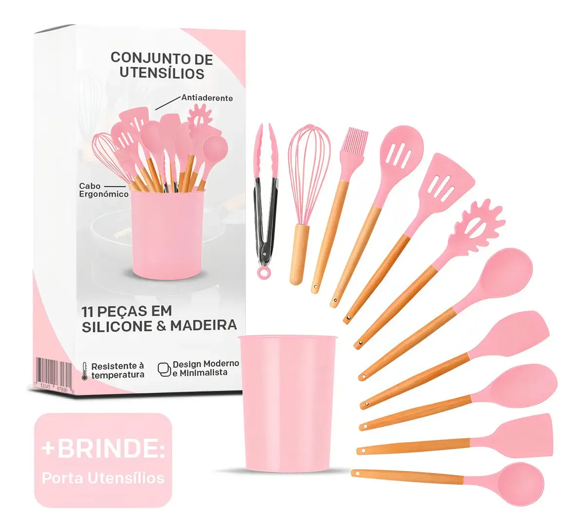 Kit 12 Utensílios De Cozinha Em Silicone Com Cabo De Madeira Porta Utensílios Ergonômico Antiaderente Bhcases Cor Rosa