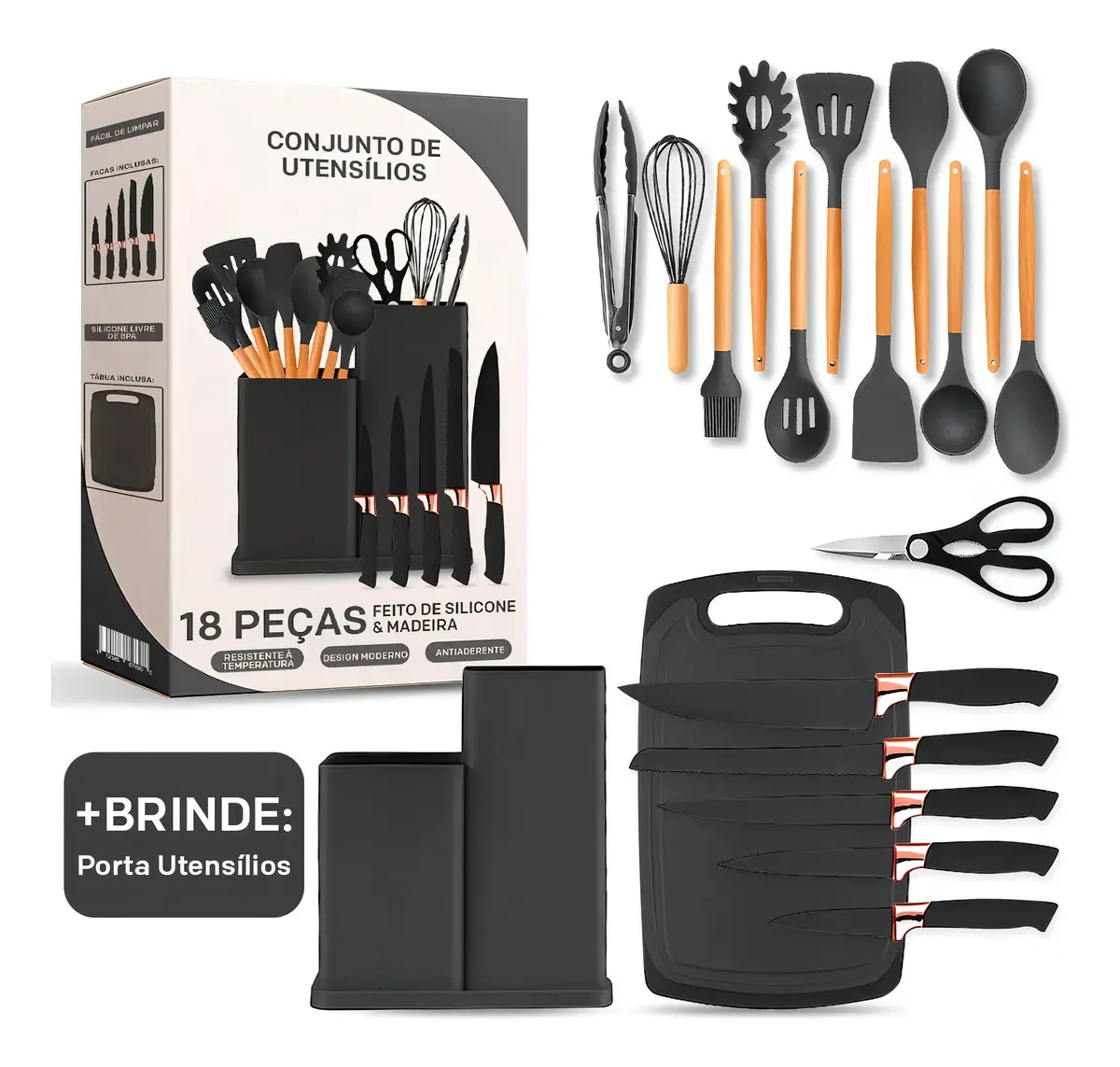 Kit Completo 19 Utensílios De Cozinha Preto Em Silicone Antiaderente Madeira Premium Com Porta Utensílios