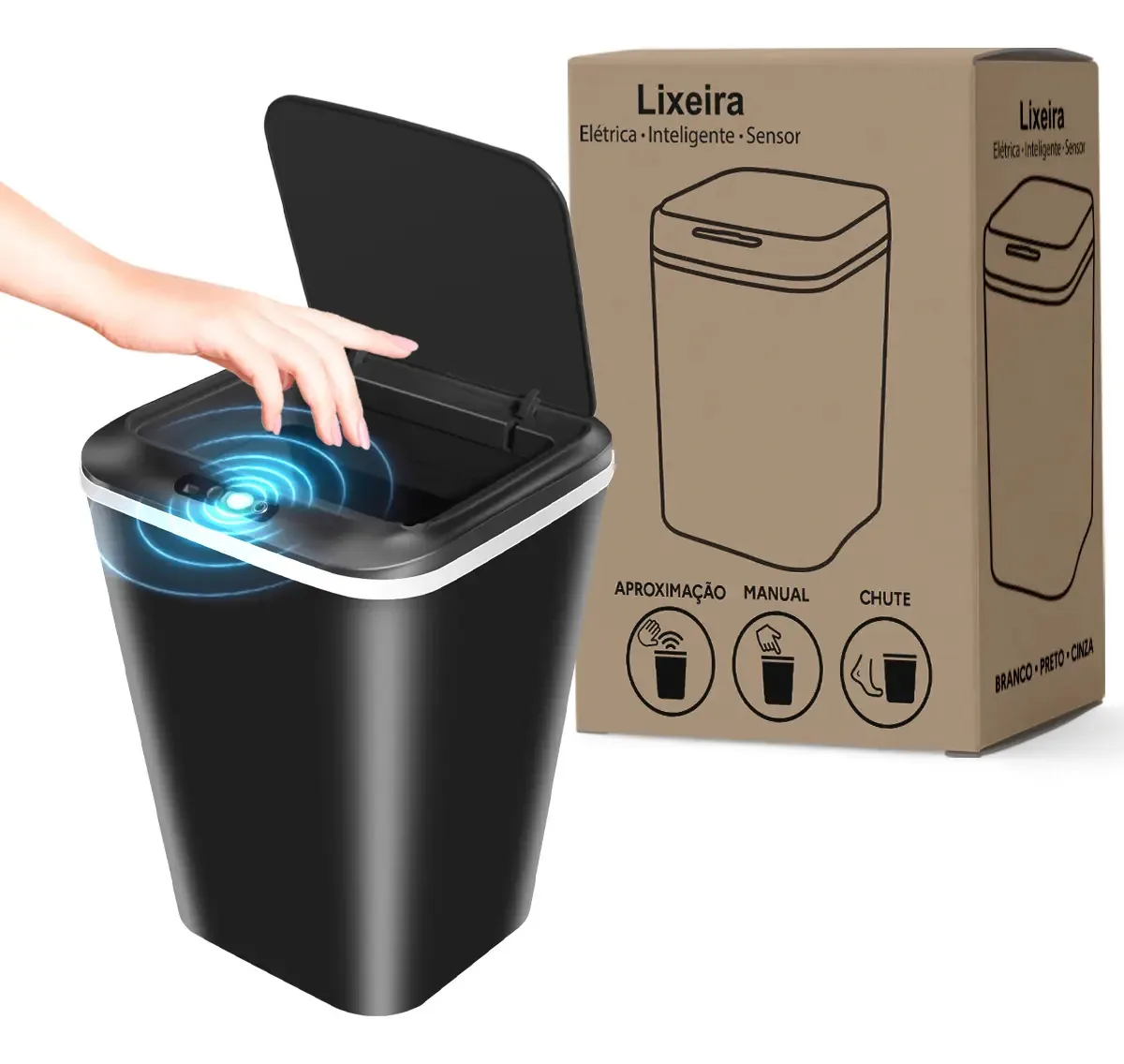 Lixeira Inteligente Com Sensor Automático 18l Cor Preto Residencial E Comercial Durável E Moderna