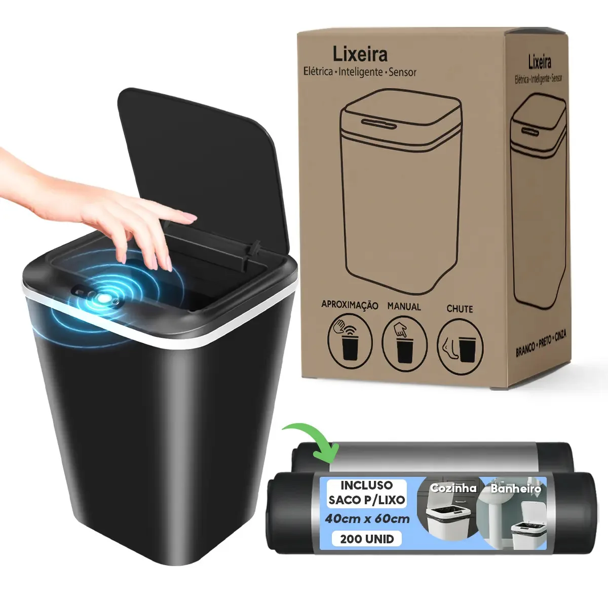 Lixeira 18 Litros Automática De Sensor Preto Inclui 200 Sacos Uso Comercial e Doméstico