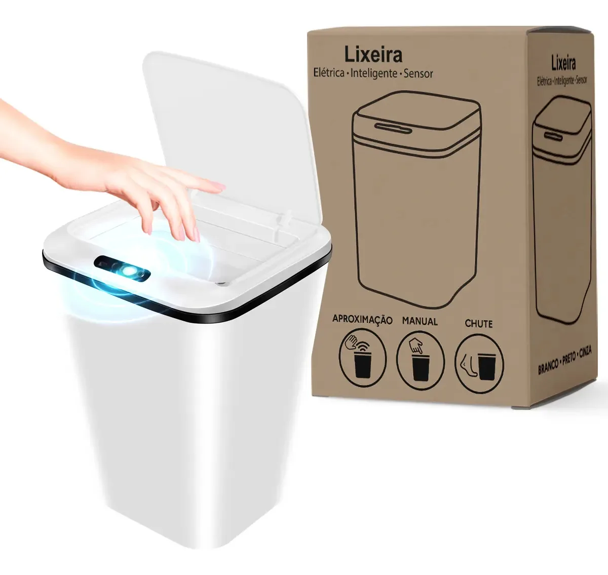 Lixeira Inteligente Com Sensor Automático 18l Cor Bnraca Residencial E Comercial Durável E Moderna
