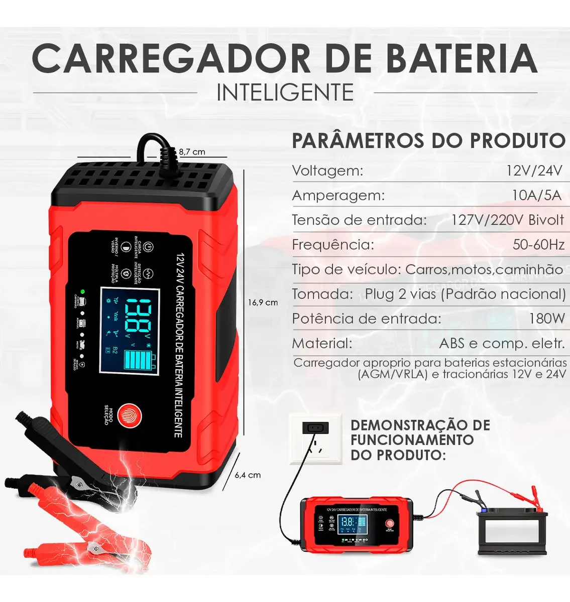 Carregador De Bateria Inteligente 12v 24v 10a 5a Automotivo Para Carros Motos E Caminhões