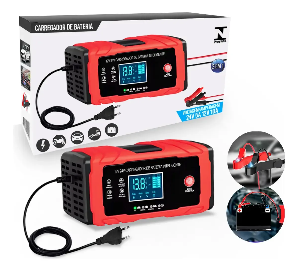 Carregador De Bateria 12v 24v Inteligente 10a/5a Para Veículos Leves E Pesados Com Sistema De Carga Inteli