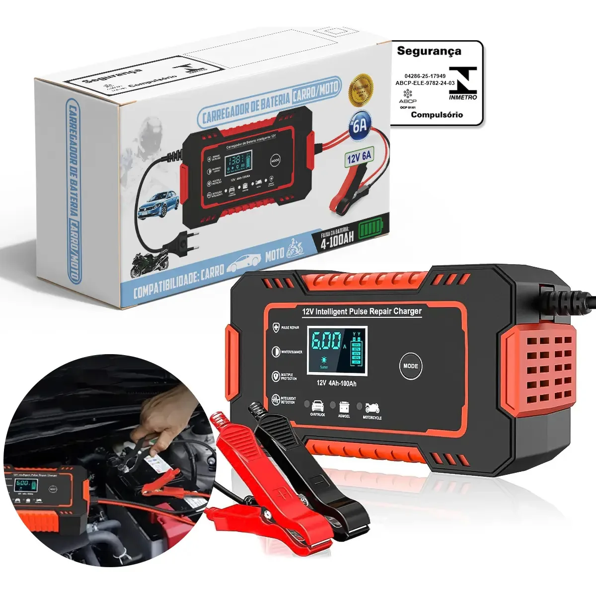 Carregador de Bateria Smart 12V 6A para Carros Motos e Estacionárias