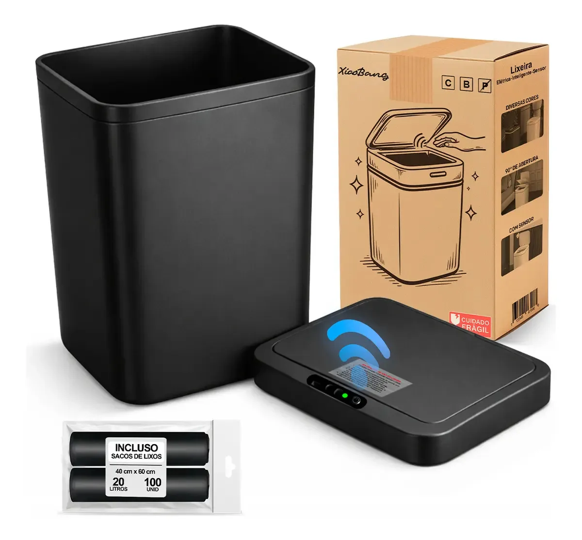Cesto Automático Inteligente Smart Lixeira 16 Litros Cor Preto Para Comercial e Residencial + 100 Saco de Lixo