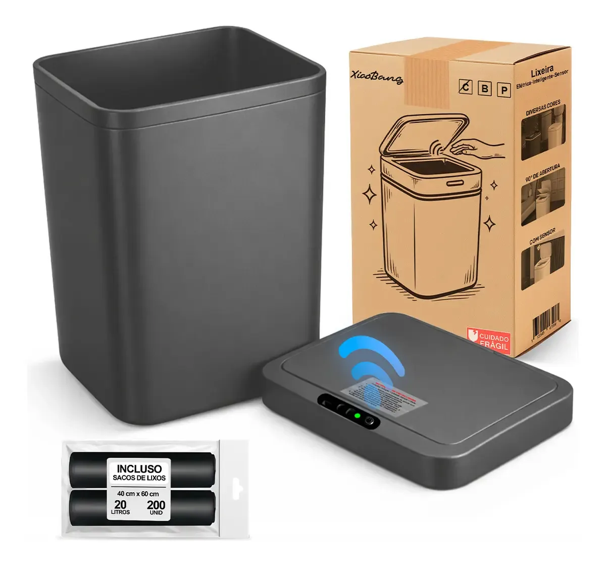 Cesto Automático Inteligente Smart Lixeira 16 Litros Cor Cinza Para Comercial e Residencial + 200 Saco de Lixo