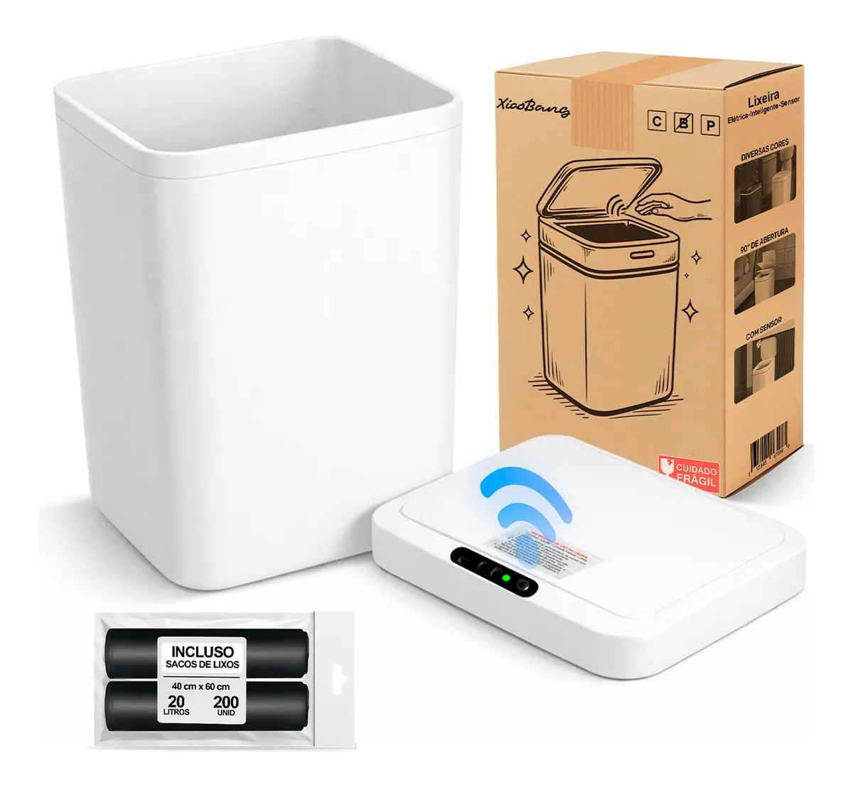 Cesto Automático Inteligente Smart Lixeira 16 Litros Cor Branco Para Comercial e Residencial + 200 Saco de Lixo