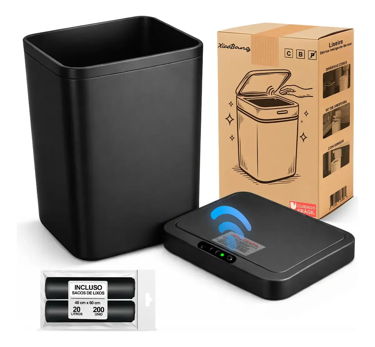 Cesto Automático Inteligente Smart Lixeira 16 Litros Cor Preto Para Comercial e Residencial + 200 Saco de Lixo