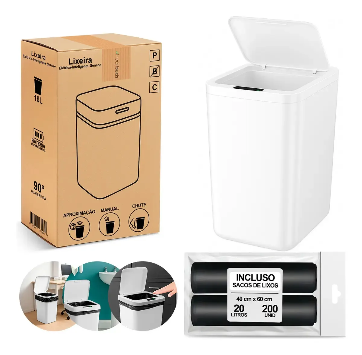 Lixeira Automática Smart 16 Litros Branco Para Comercial E Residencial + 200 Saco De Lixo