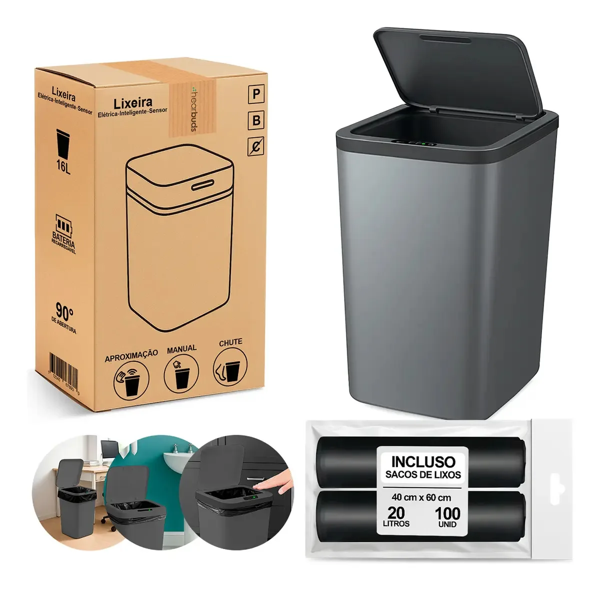 Cesto Automática Smart Lixeira 16 Litros Cinza Para Comercial e Residencial + 100 Saco de Lixo