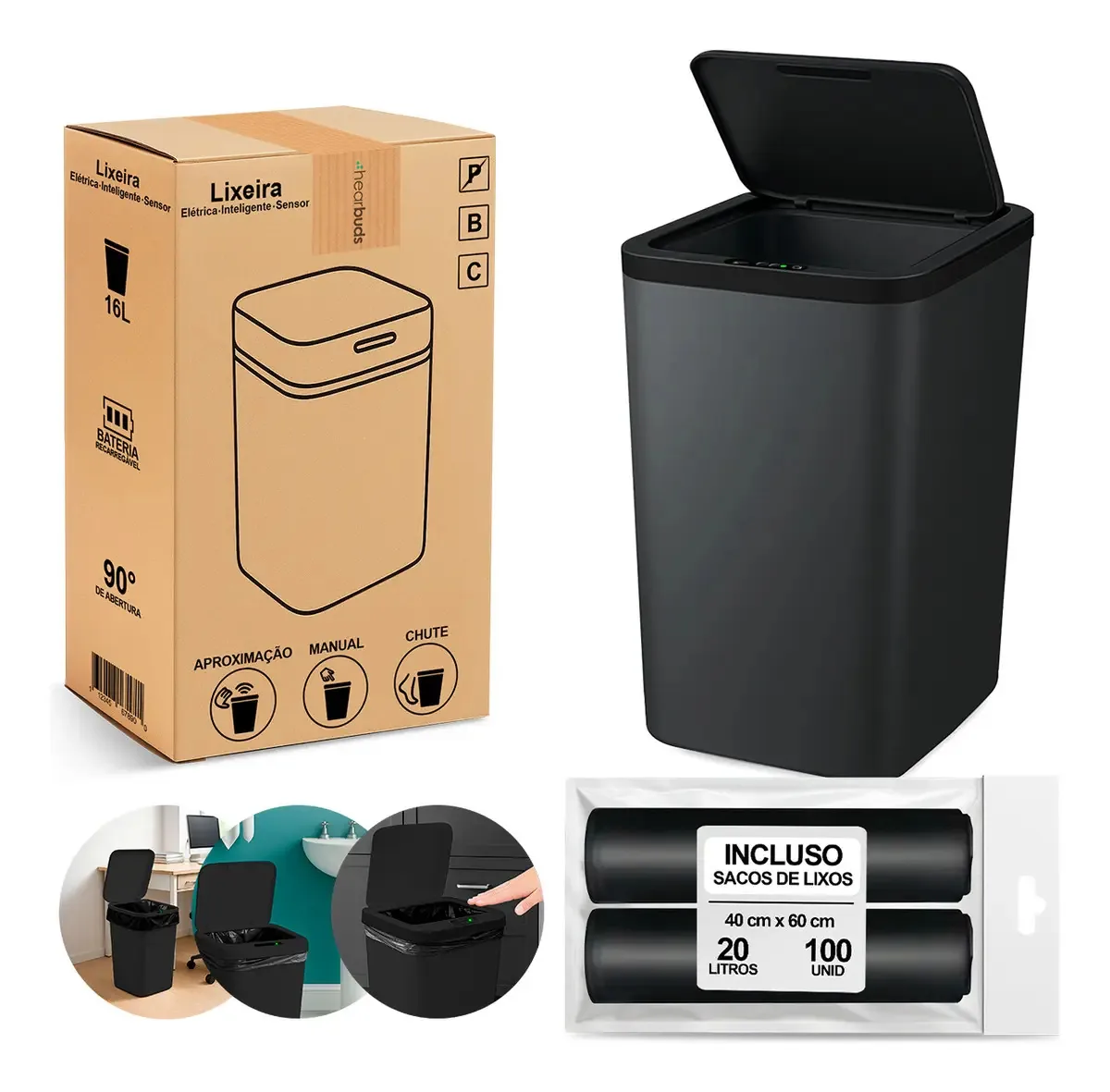Cesto Automática Smart Lixeira 16 Litros Preto Para Comercial e Residencial + 100 Saco de Lixo
