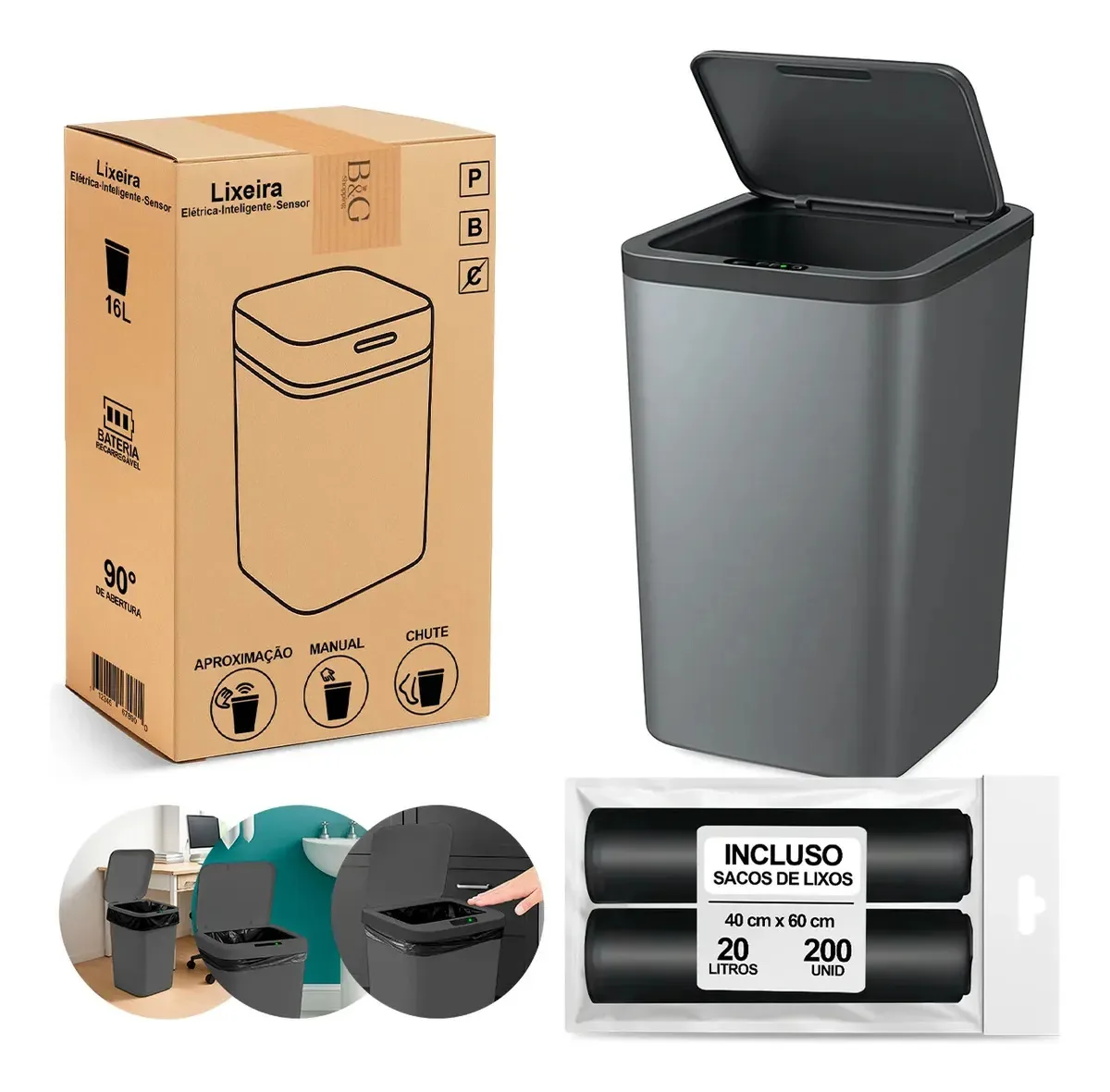 Cesto Automática Smart Lixeira 16 Litros Cinza Para Comercial e Residencial + 200 Saco de Lixo