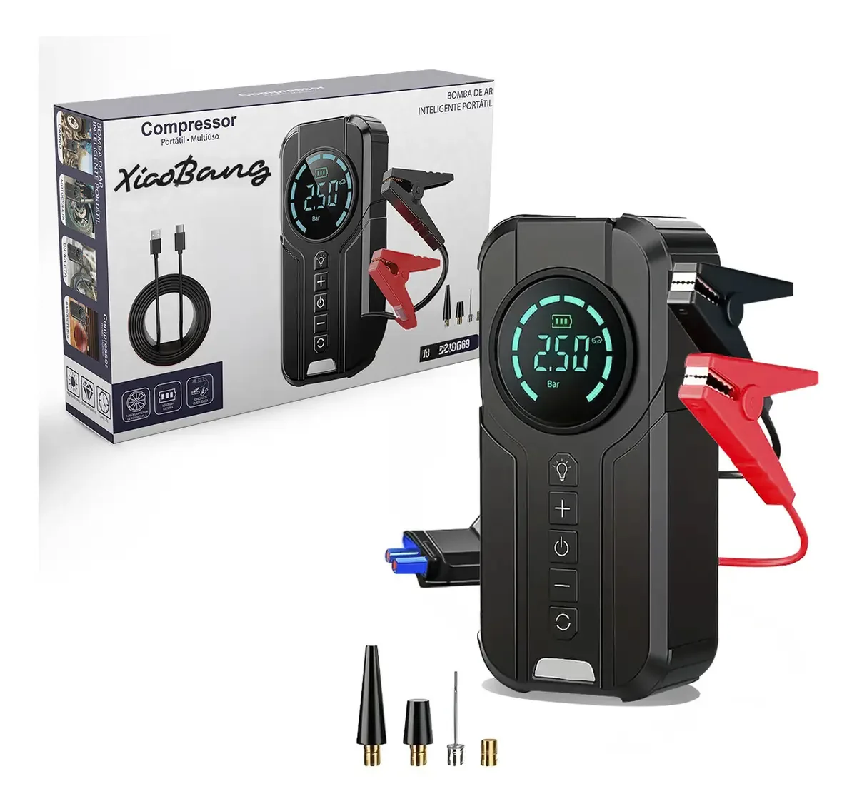 Carregador Com Tela Digital E Auxiliar De Partida Para Bateria Automotiva Compressor Sem Fio 150psi C/bateria 8000mah 80w
