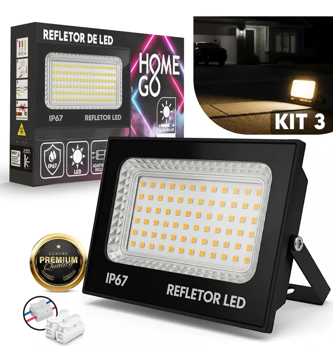 Kit 3 Refletores Led 200w Branco Quente 3500k Ip67 Iluminação Externa