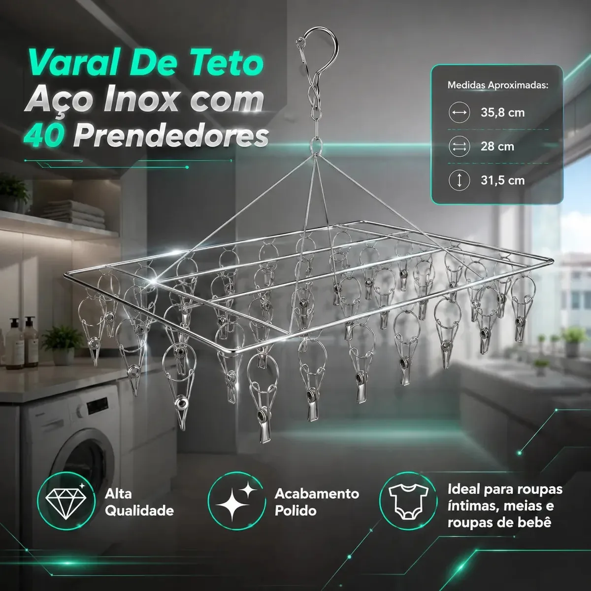 Mini Varal Roupa Íntima Inox Com 40 Prendedores Retangular Cromado Resistente Multiuso