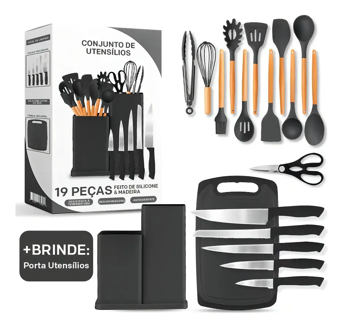 Kit Completo Jogo De Talher Utensílios De Cozinha 19 Peças Silicone Madeira Porta Utensílios Preto