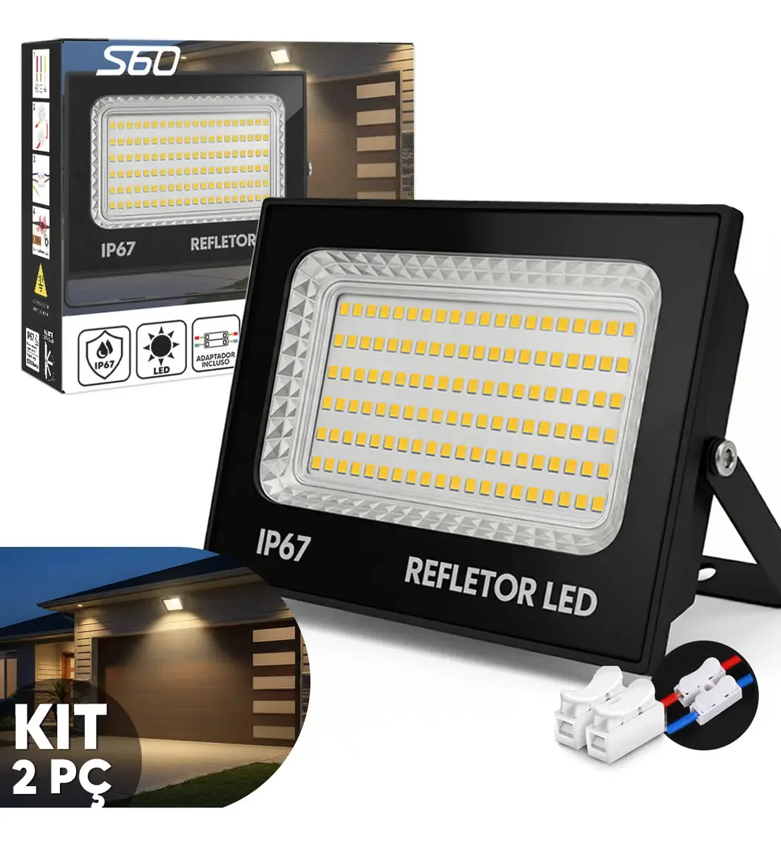 Kit 2 Refletores LED 400W Branco Quente para Ambientes Externos