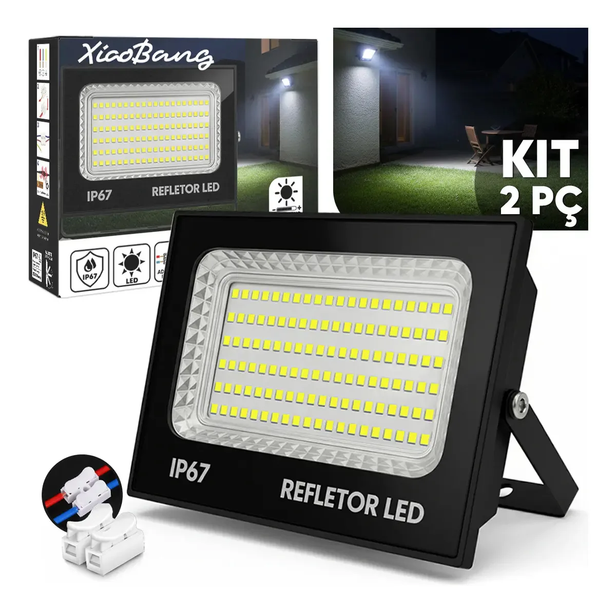 Kit 2 Refletores LED 300W XIAOBANG IP67 Branco Frio Externo