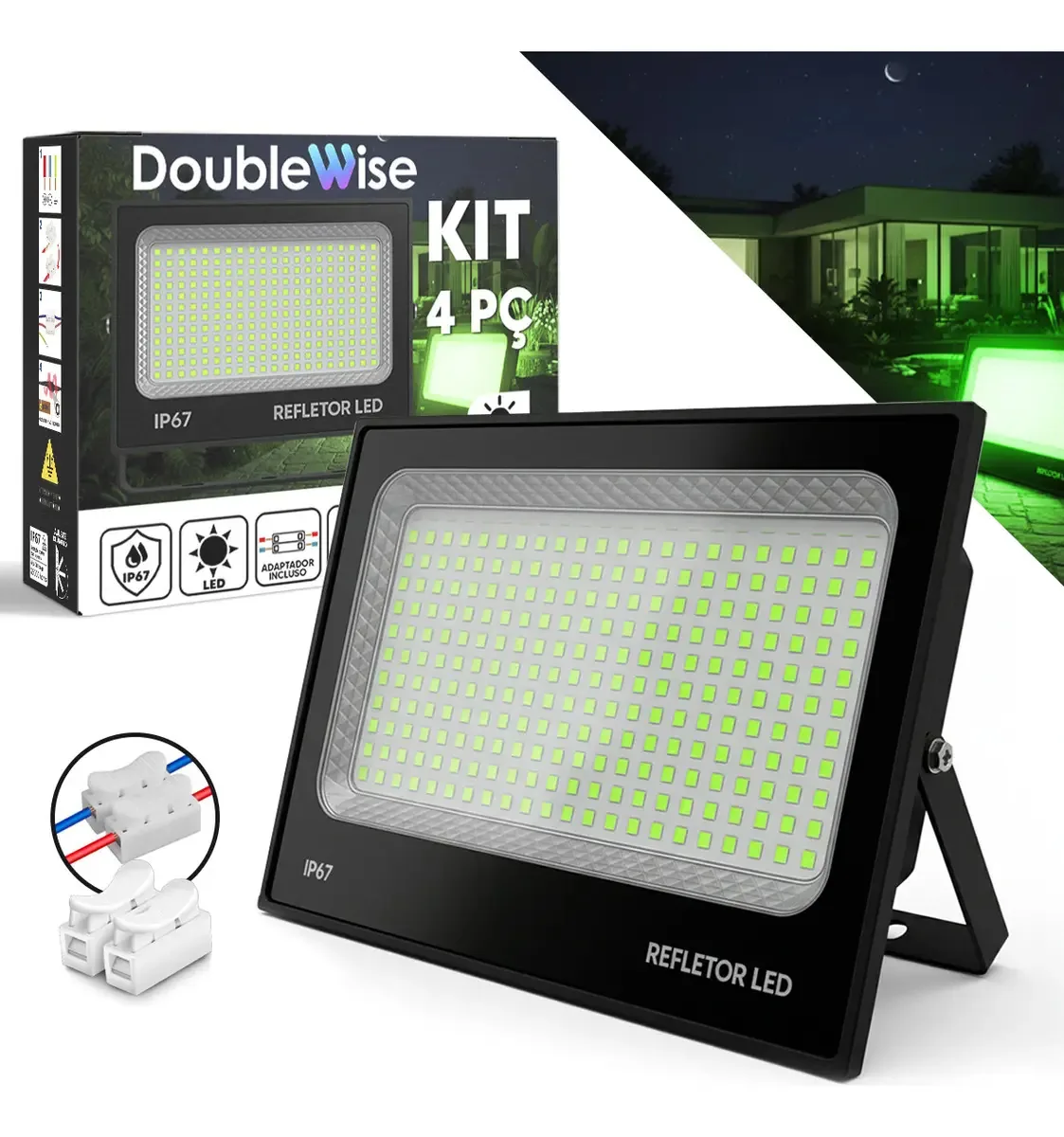 Kit 4 Refletores LED 500W Double Wise Verde IP67 Montável