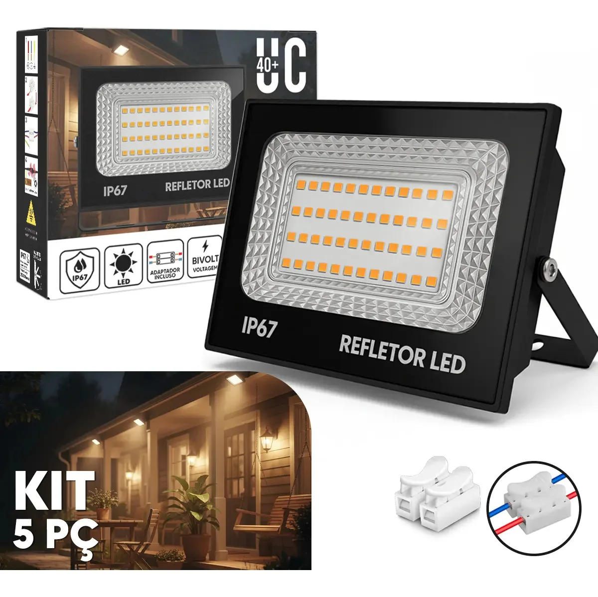 Kit 5 Refletores LED 200W UC40+ Branco Quente IP67 Alumínio Externo