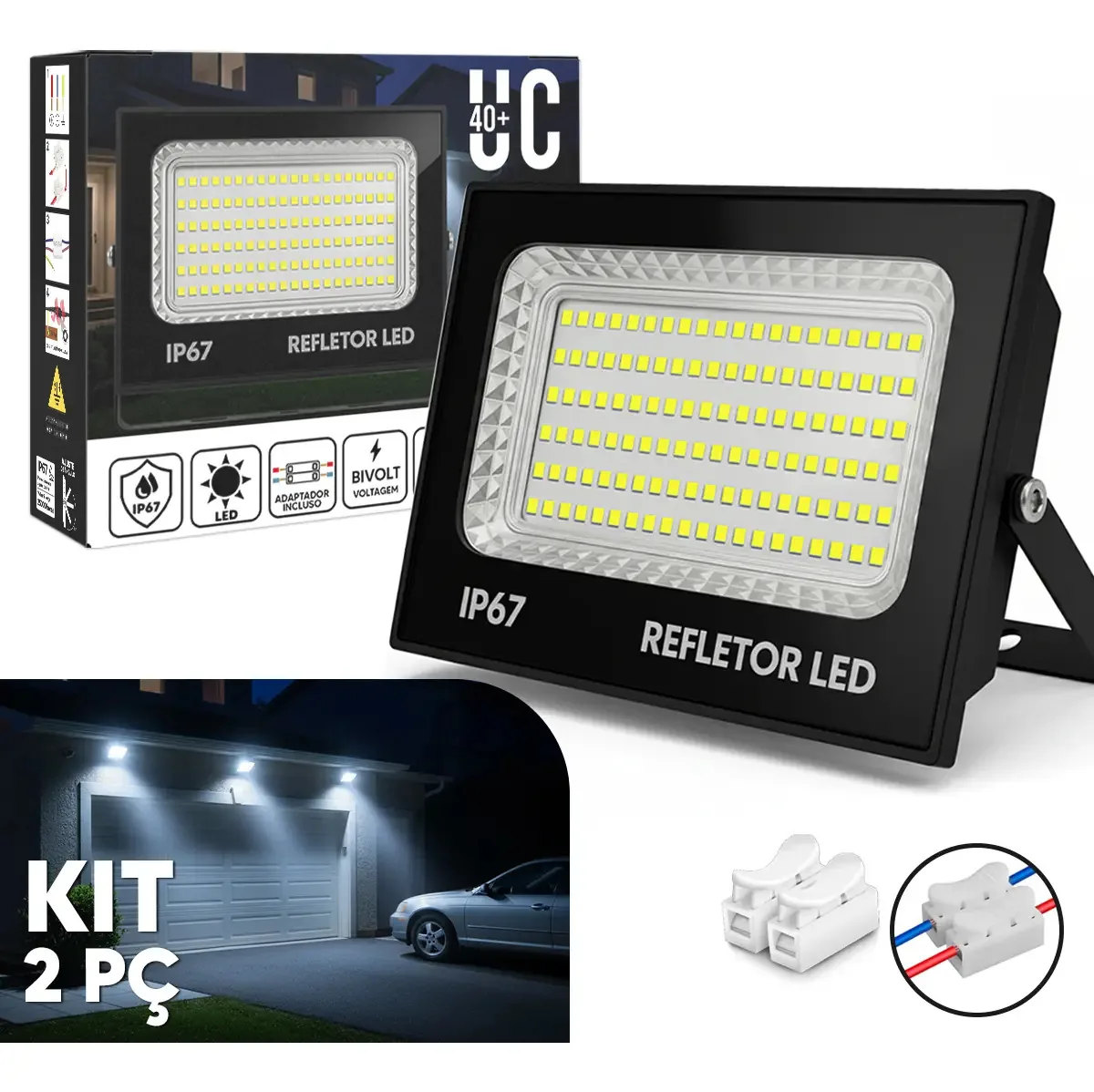 Kit 2 Refletores LED 600W Branco Frio IP67 para Fachadas