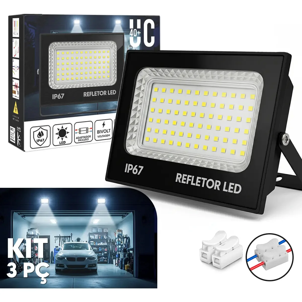 Kit 3 Refletores LED 200W UC40+ Branco Frio 6500K IP67 Externo