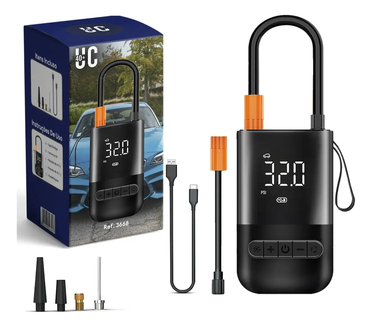 Compressor De Ar Digital Portátil UC40+ Para Carros Motos Bikes USB-C