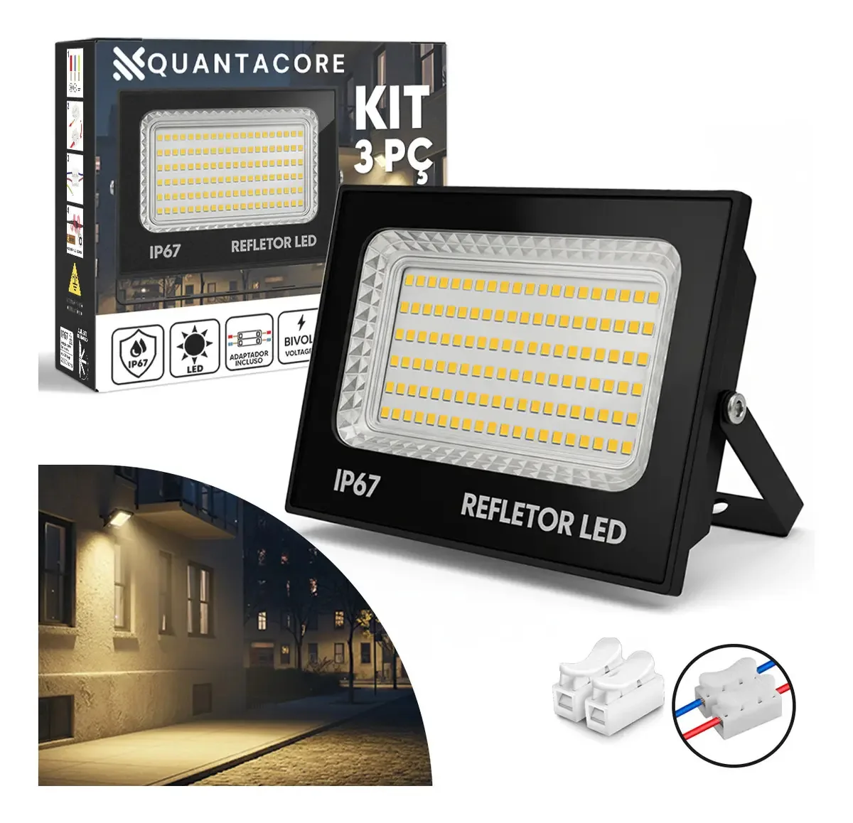 Kit 3 Refletores LED 500W QuantaCore Branco Quente IP67 Alumínio
