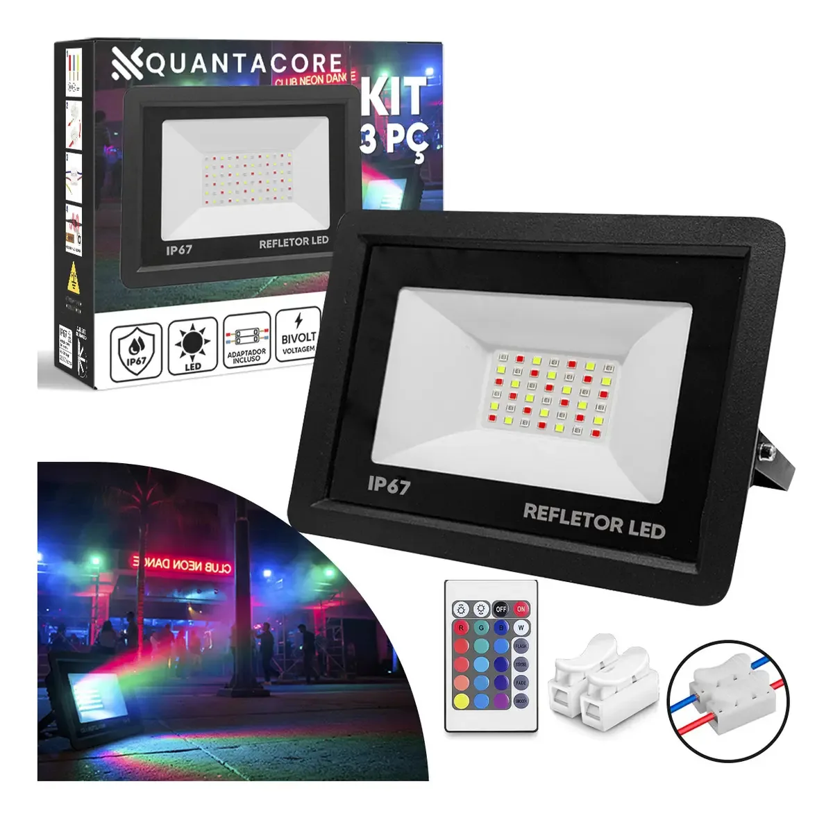 Kit 3 Refletores LED 300W RGB QuantaCore IP67 Iluminação Externa