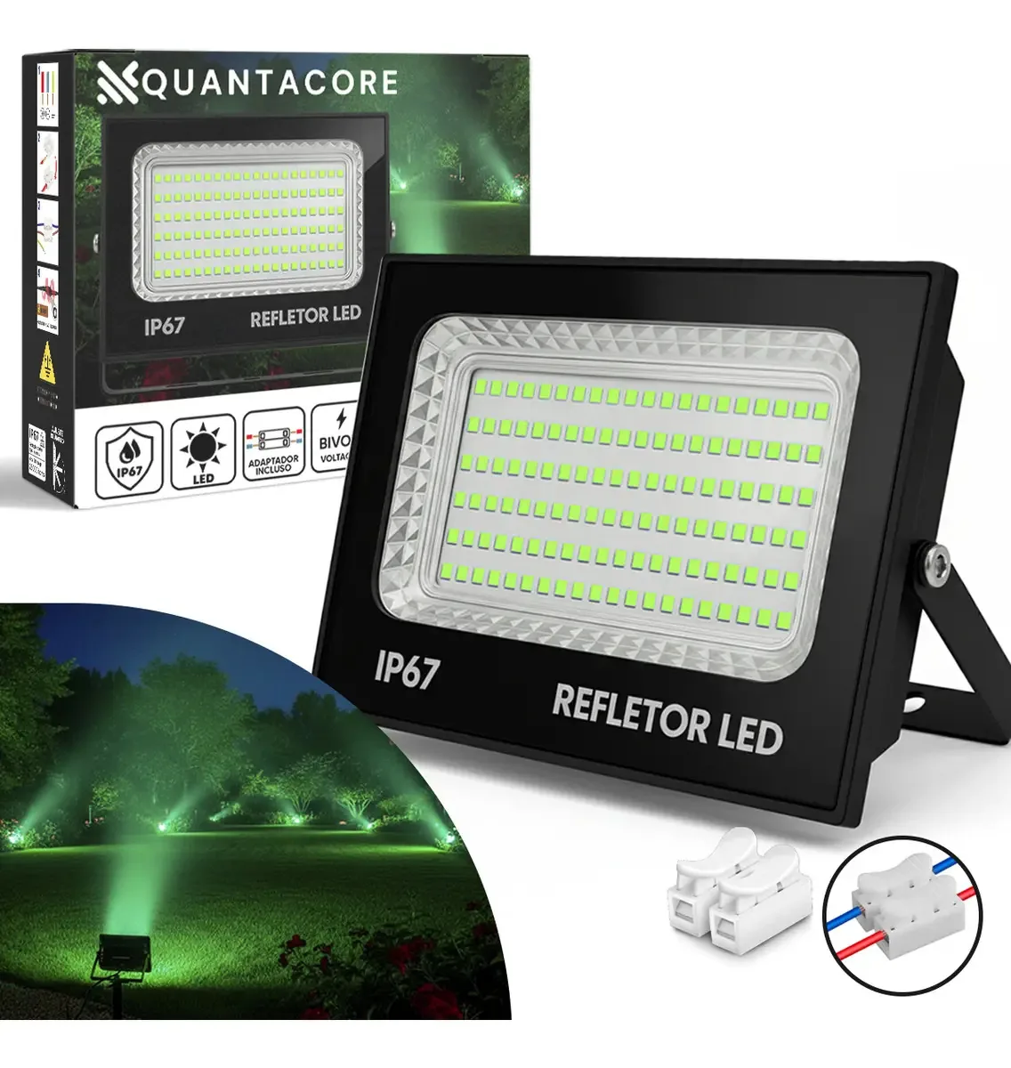Kit 2 Refletores LED QuantaCore 700W Verde IP67 Alta Eficiência Fachadas