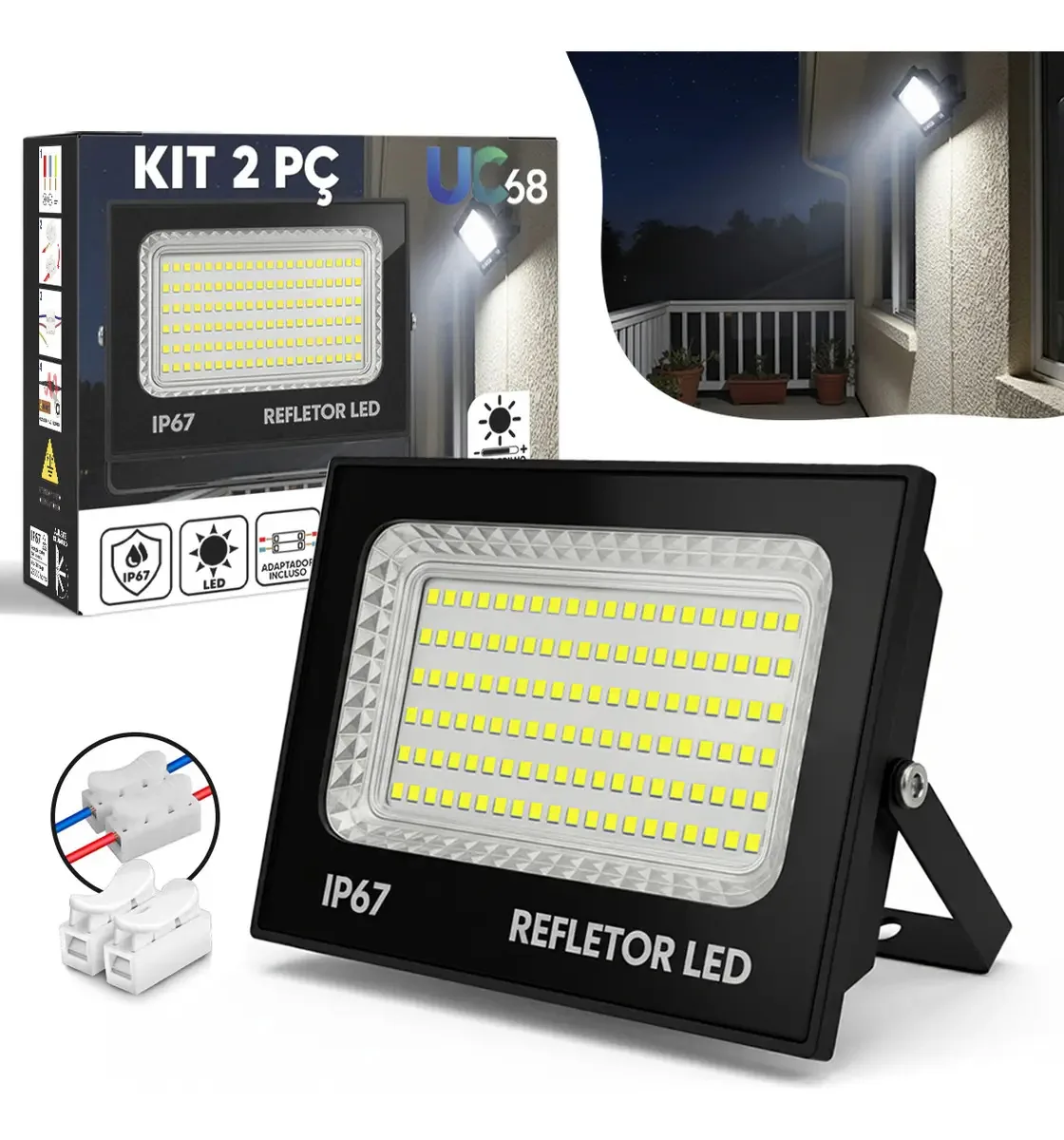 Kit 2 Refletores Led 400W UC68 Branco Frio IP67 Áreas Externas