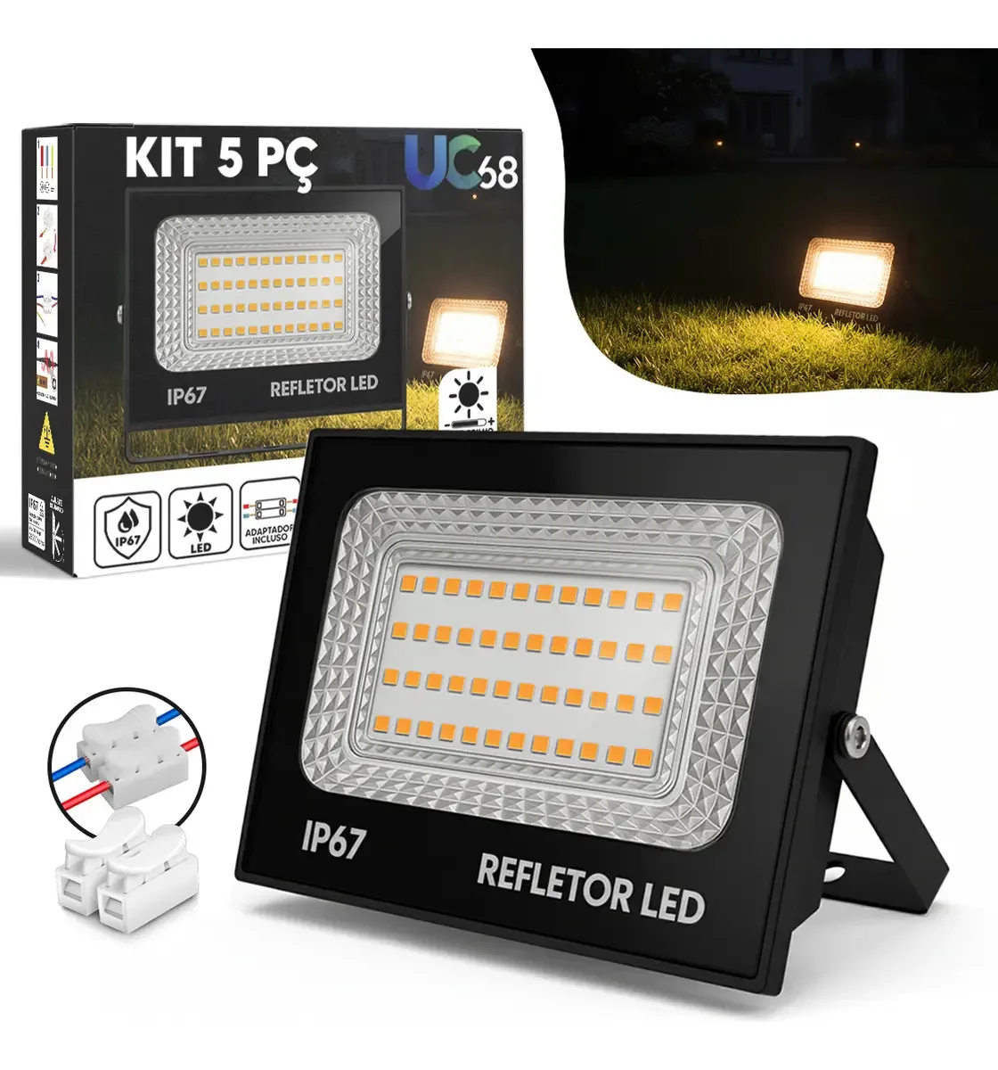 Kit 5 Refletores LED UC68 200W Branco Quente 3500K IP67 Externos