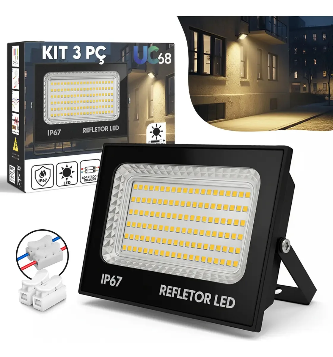 Kit 3 Refletores LED 400W Branco Quente UC68 para Fachadas
