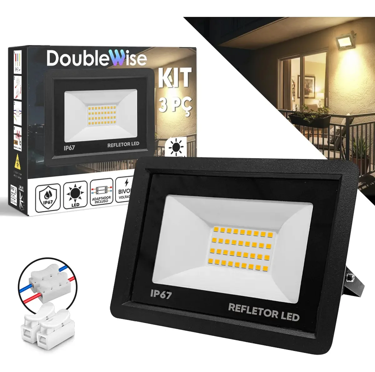 Kit 3 Refletores LED 300W Branco Quente Double Wise IP67 Externo