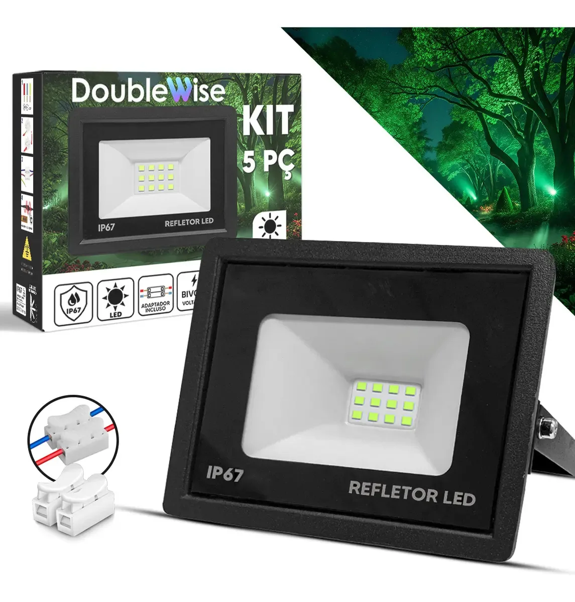 Kit 5 Refletores LED Double Wise Verde 130W IP67 Fachadas Jardins