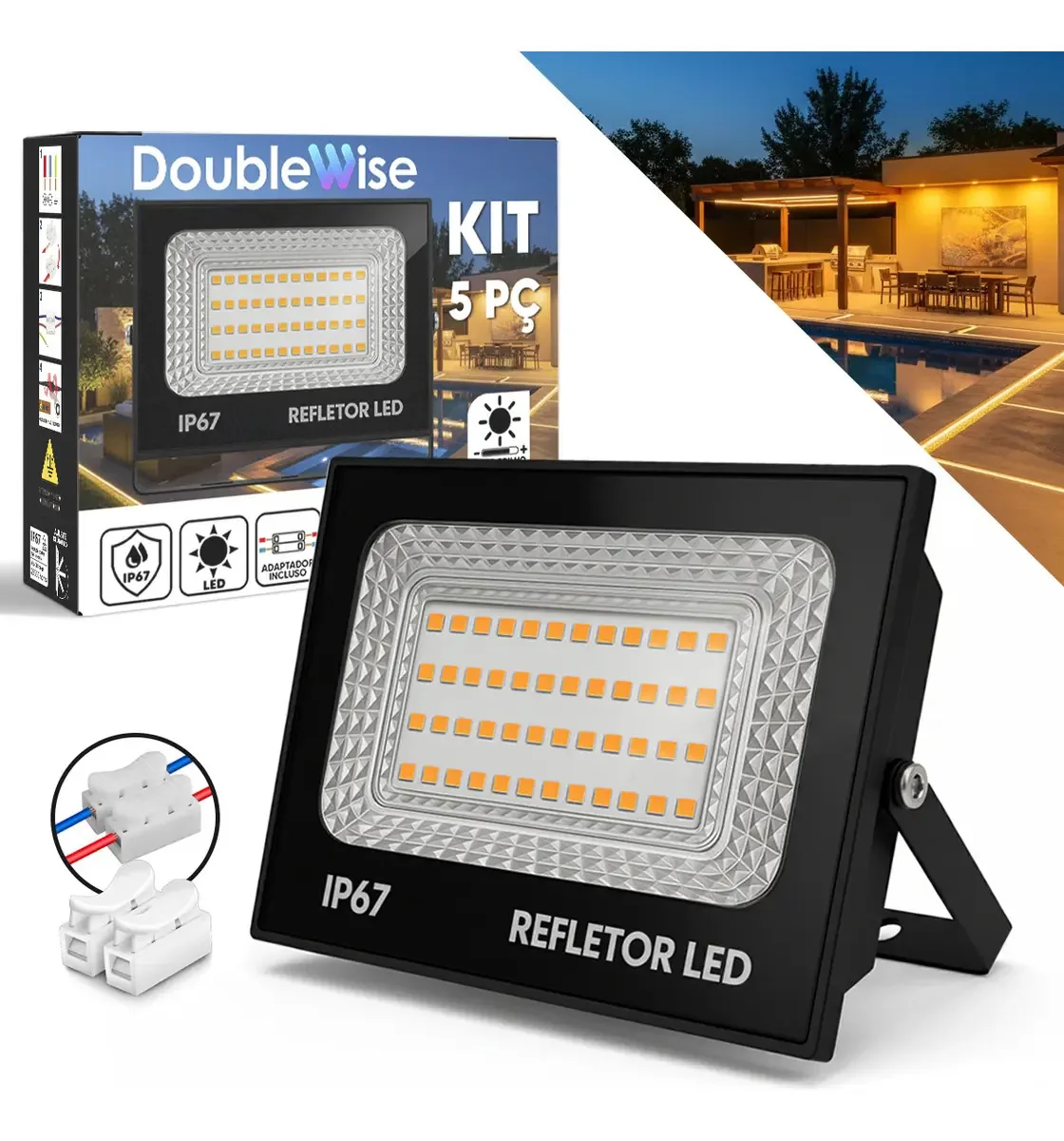 Kit 5 Refletores LED 200W Branco Quente 3500K IP67 Double Wise