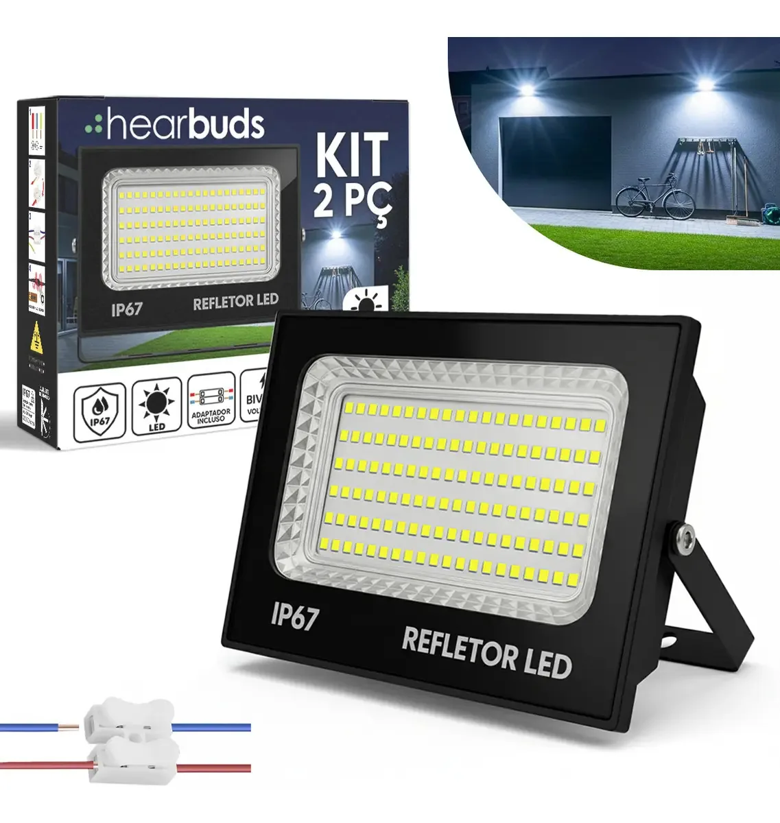 Kit 2 Refletores LED 500W HearBuds Branco Frio 6500K IP67
