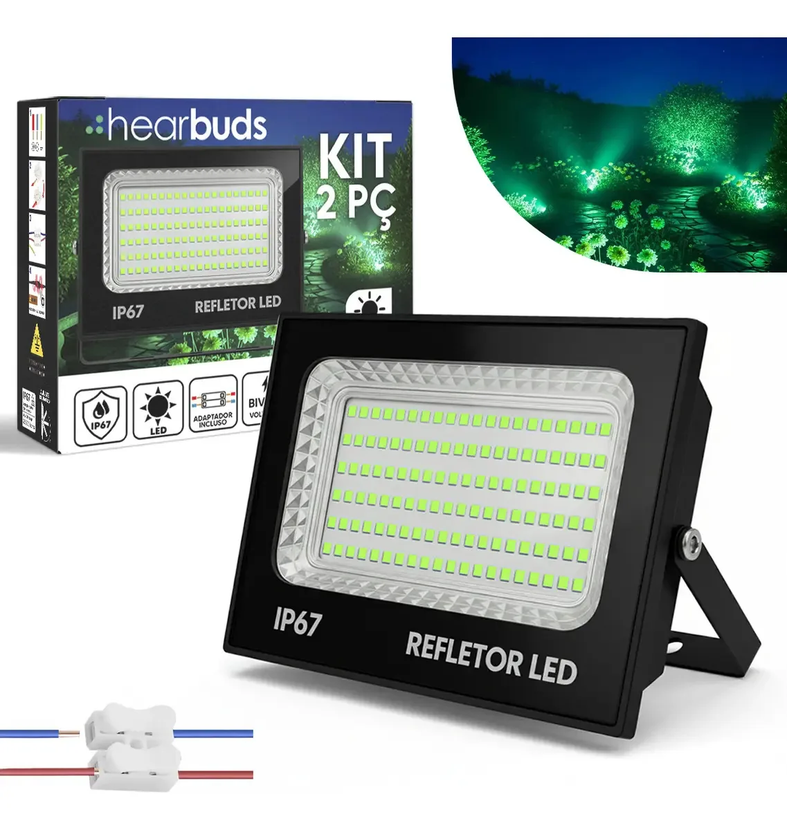 Kit 2 Refletores LED 300W HearBuds Luz Verde IP67 Alumínio Preto Bivolt