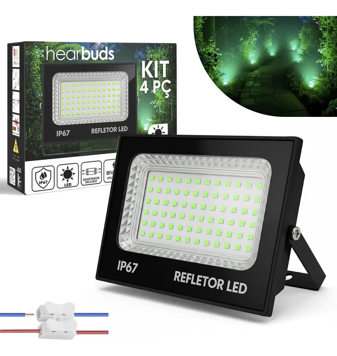 Kit 4 Refletores LED 400W HearBuds IP67 Luz Verde Bivolt Jardim