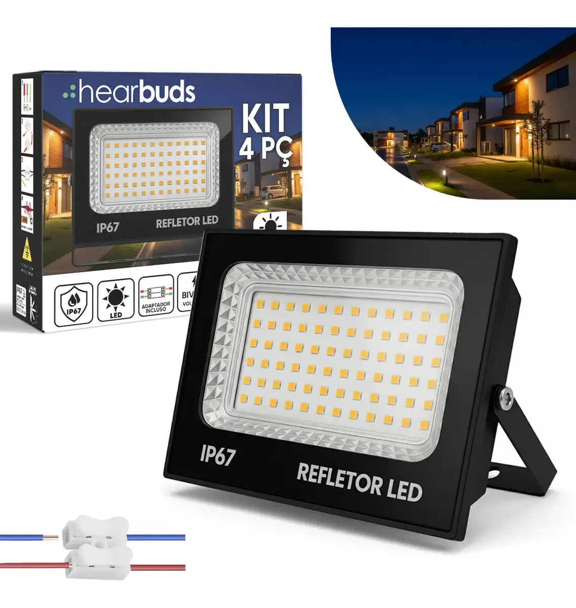 Kit 4 Refletores LED 300W Hearbuds Branco Quente IP67 Alumínio Bivolt