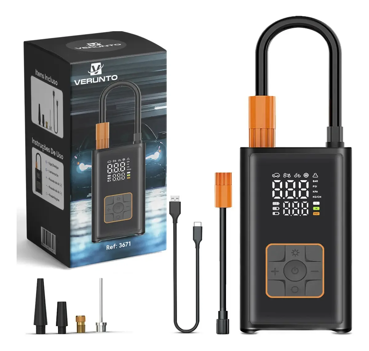 Bomba De Ar Elétrica Pneu Verunto Mini Usb Portátil Com Tela Led Digital Para Pneus E Uso Emergencial