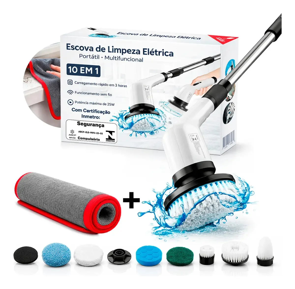 Mop Escova De Limpeza Elétrica 10 Em 1 Sem Fio Portátil Para Banheiro Cozinha E Piso Com Acessórios E Toalha Alta Qualidade Profissional