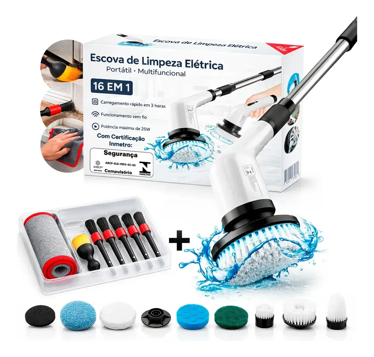 Mop Escova De Limpeza Elétrica 16 Em 1 Ideal Para Azulejo Box E Cantos Difíceis Com Toalha Microfibra E Acessórios Qualidade Profissional