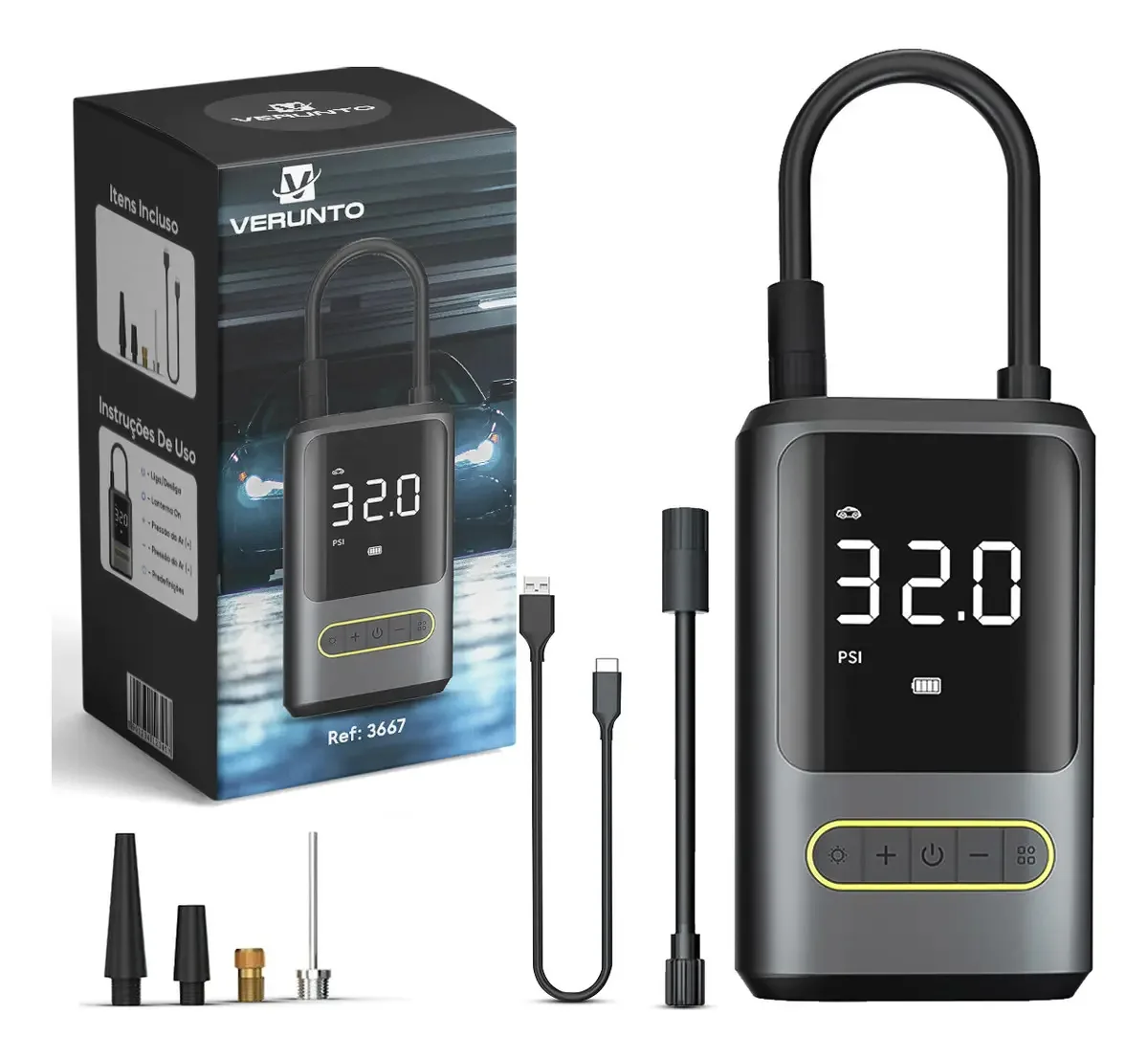 Compressor De Ar Verunto Mini Digital Portátil Com Adaptadores E Display Inteligente Para Carros, Moto, Bolas E Infláveis