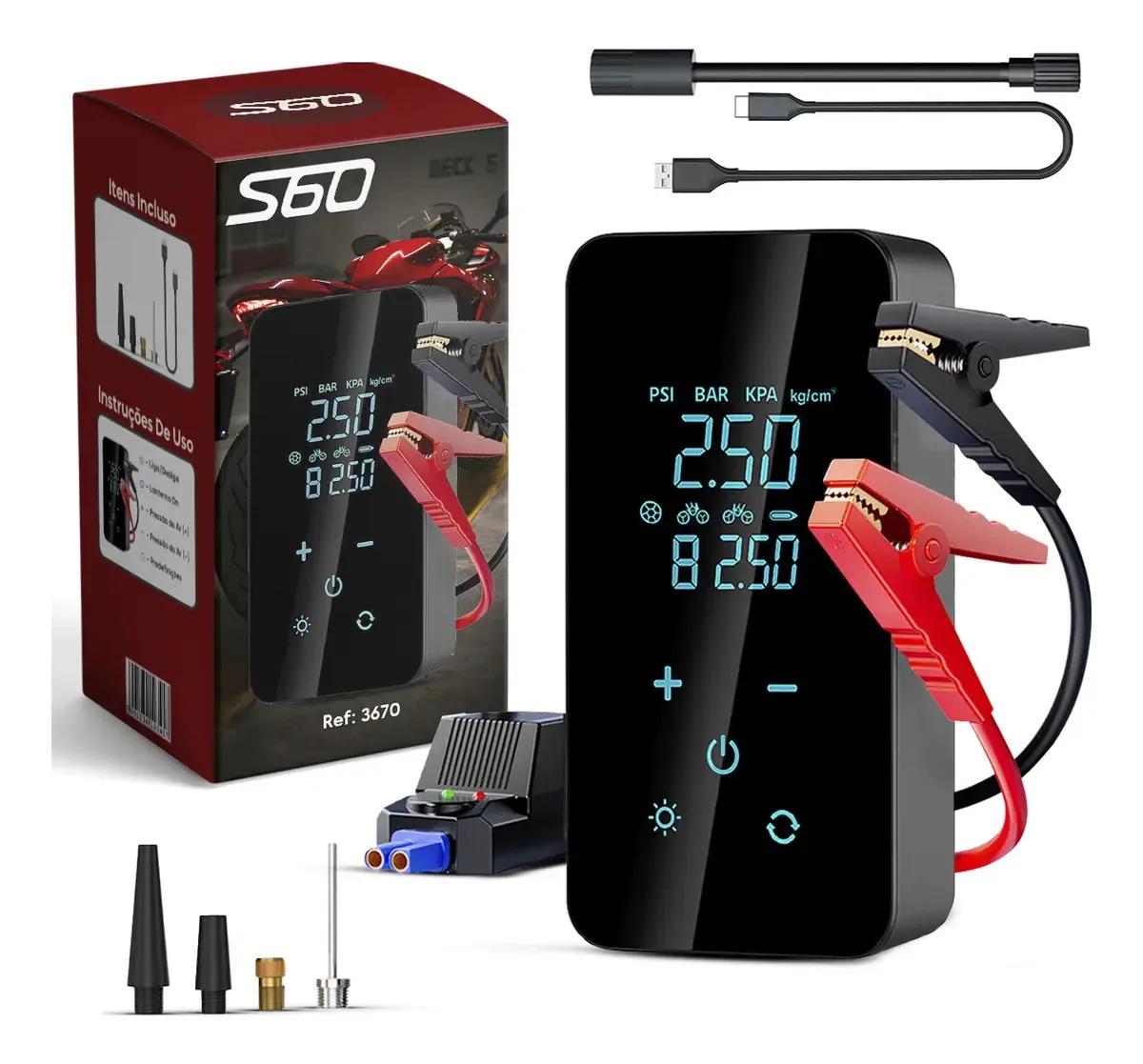 Bomba De Ar Digital Com Auxiliar De Partida Powerbank Lanterna Led Portátil Para Pneus E Emergência Qualidade Profissional