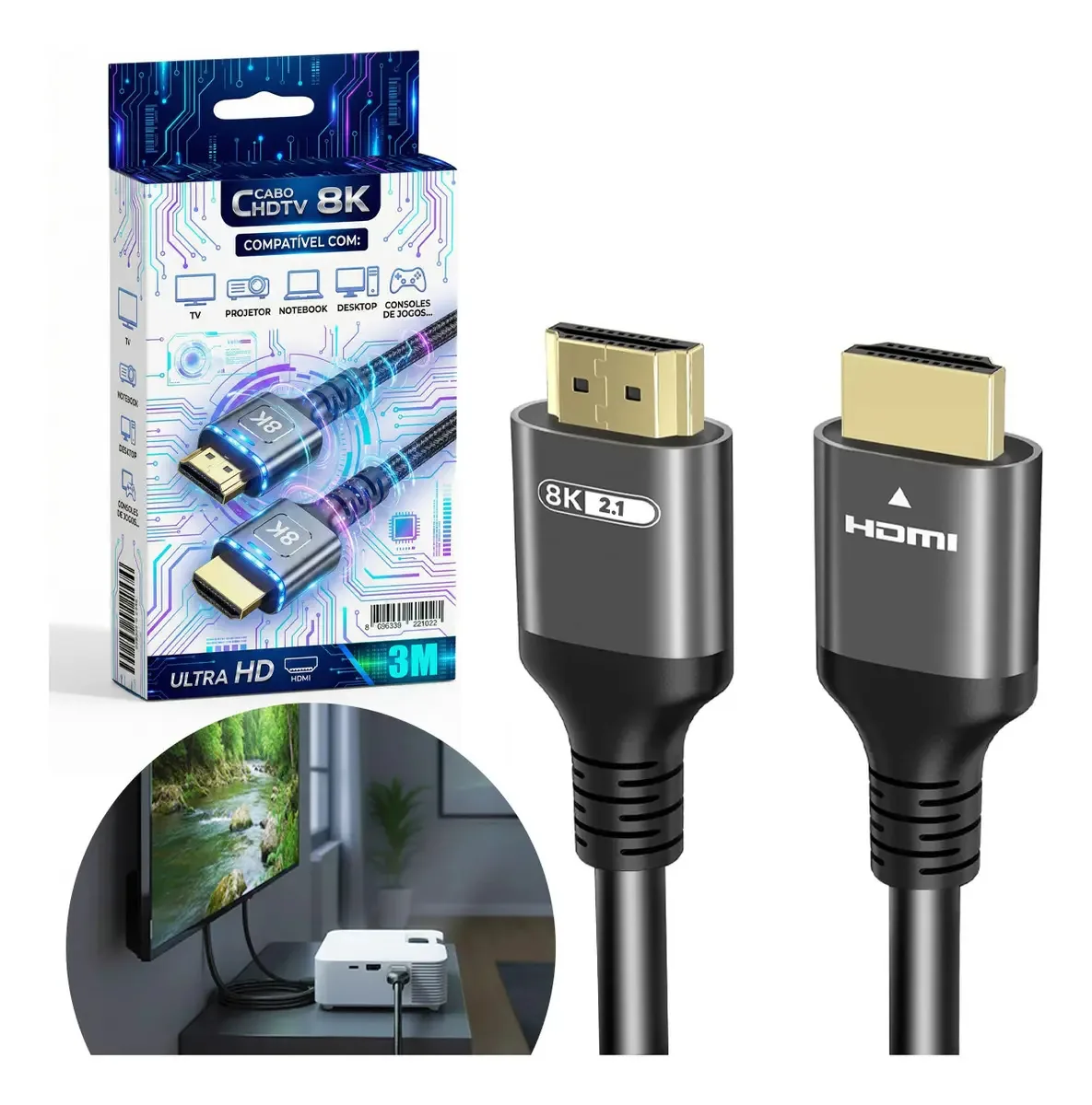 Cabo Impressora Informática 3m Definição 8k 60hz Hdmi Ultra Hd 2.1 Gold 4k 120hz 2k 240hz Blindado Performance Qualidade Profissional