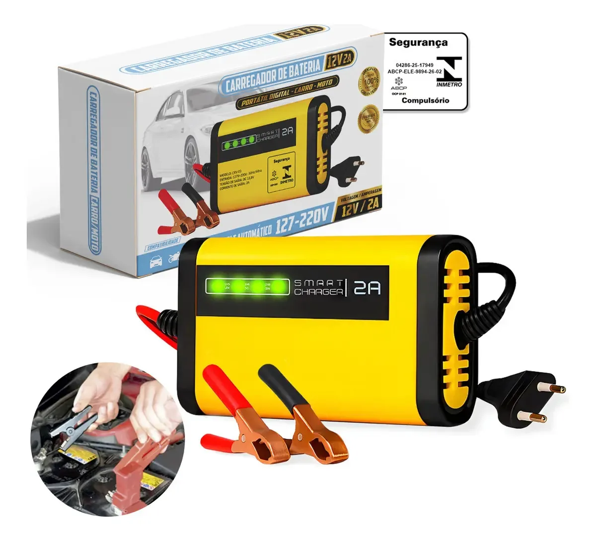 Carregador De Bateria 12v 2a Inteligente Para Carros E Motos Sistema Smart Carga Progressiva Bivolt Qualidade Profissional
