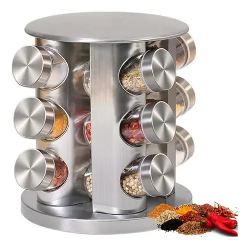Porta Temperos Giratorio De Bancada Organizador 12pçs Vidro Cor Inox