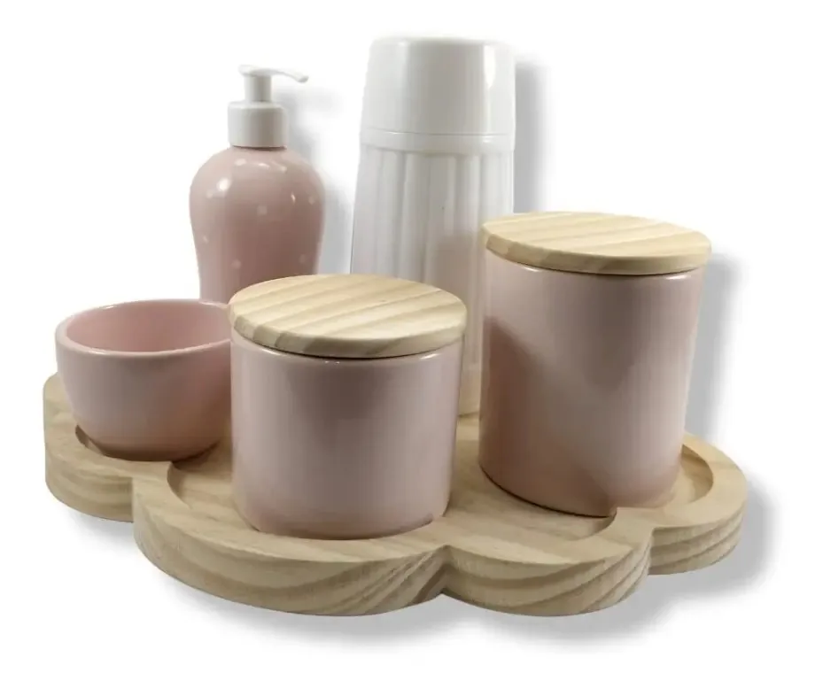 Kit Higiene Porcelana Com Garrafa Termica E Bandeja Nuvem Cor Rosa Bebe