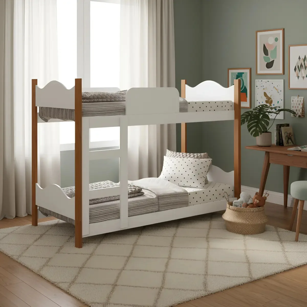 Cama Beliche Infantil Loja Tigo Branco MDF Com Colchões Encanto Grade De Proteção Resistente